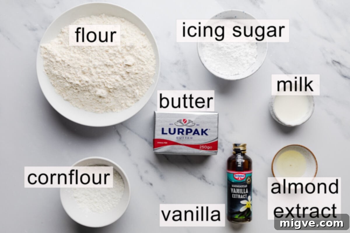 Buttery Danish Cookie Perfection 3 A beautiful flat lay photograph showcasing all the essential ingredients for Danish butter cookies, clearly labeled for convenience.