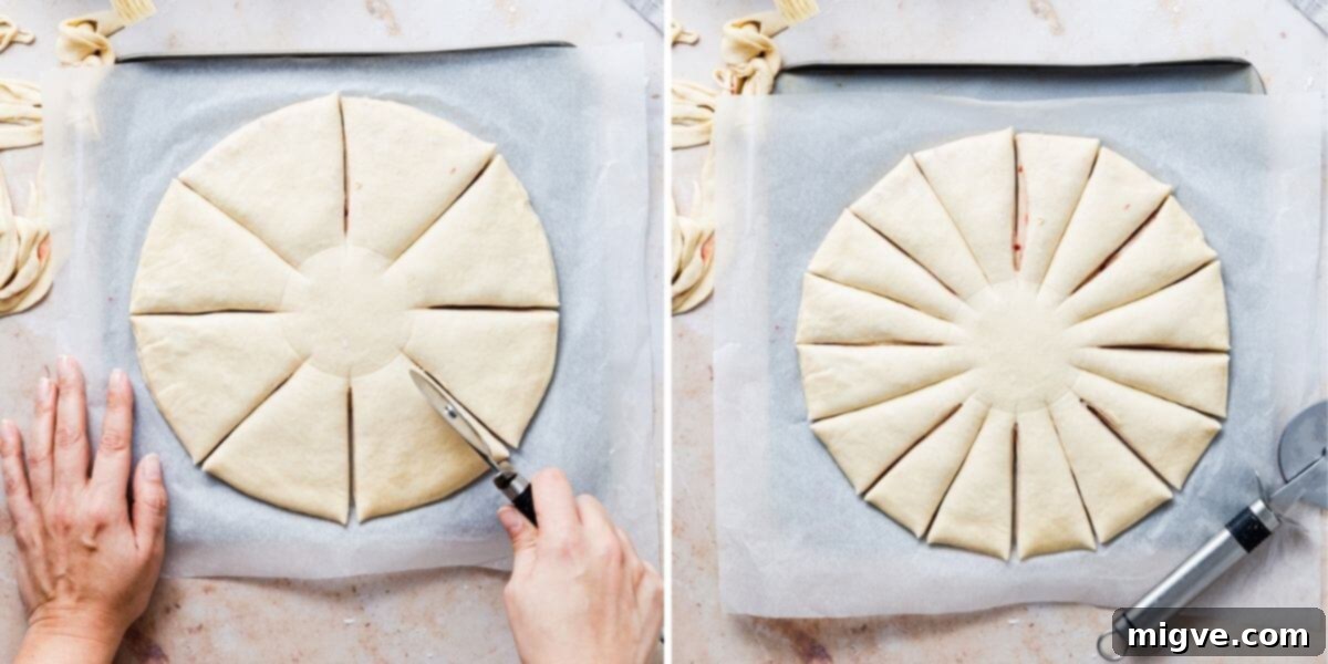 side by side top view photos showing how to slice dough