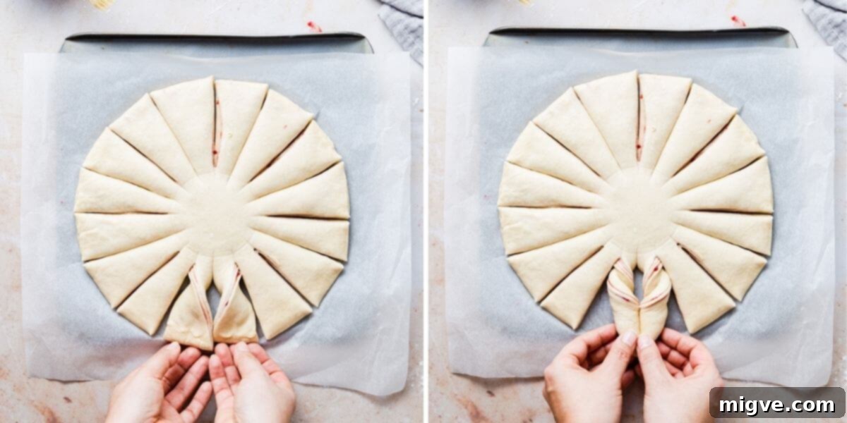 side by side top view photos showing twisting of dough strands