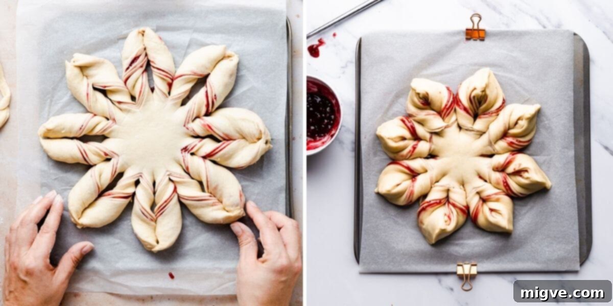 side by side top view photos of shaped star bread before baking