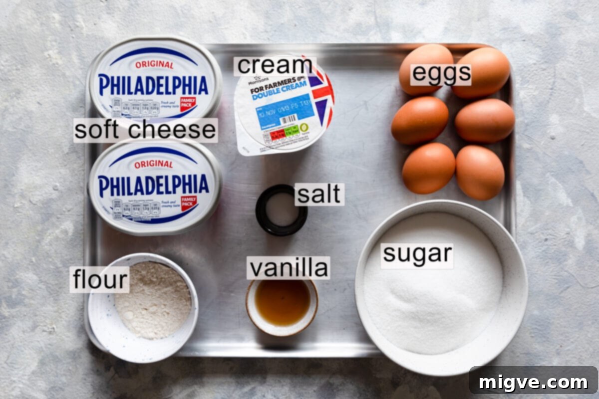 ingredients to make burnt Basque cheesecake with text labels, laid out neatly on a kitchen counter.