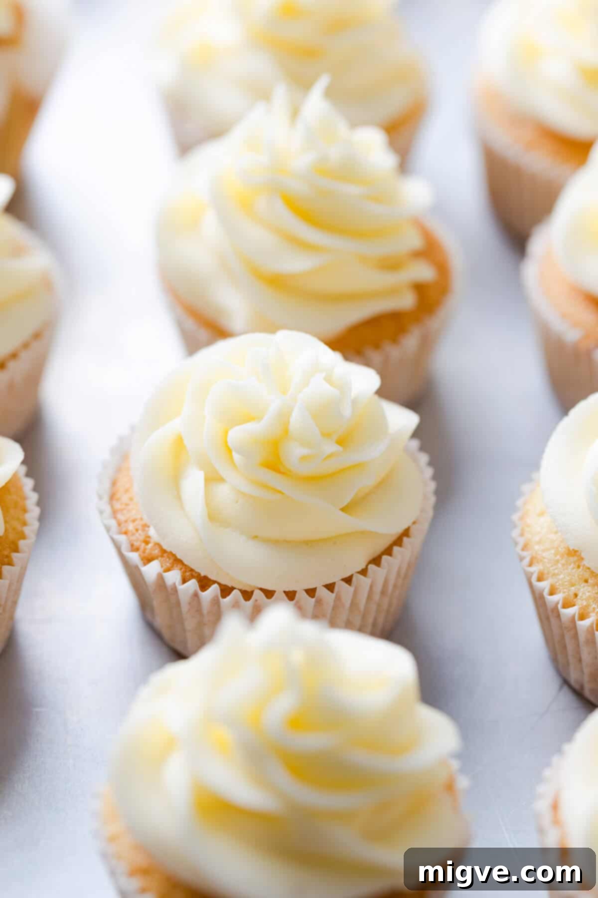 A stunning close-up of a beautifully frosted one-bowl vanilla cupcake, showcasing its fluffy texture and inviting appearance, perfect for any celebration.