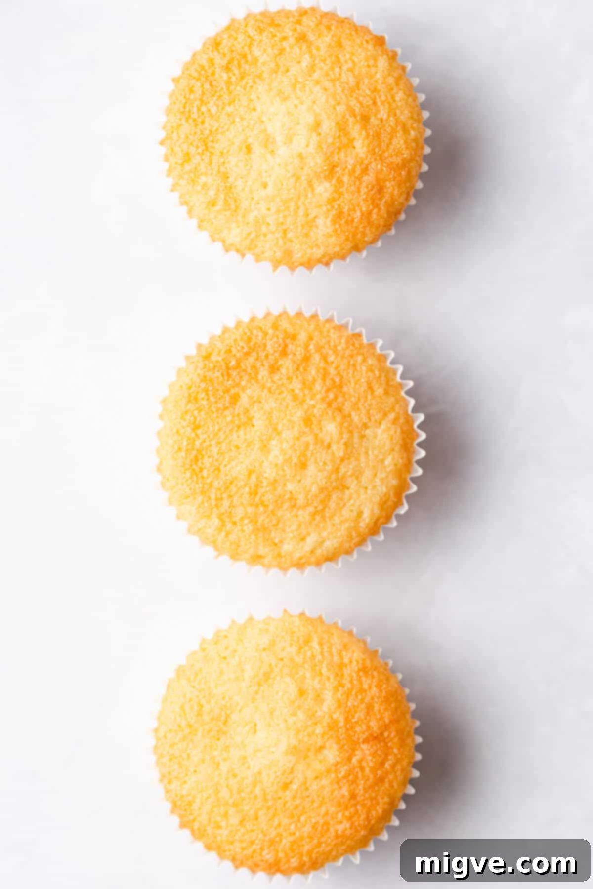An overhead view of three exquisite vanilla cupcakes, each featuring a smooth, perfectly even, and golden-brown top, demonstrating ideal baking results.