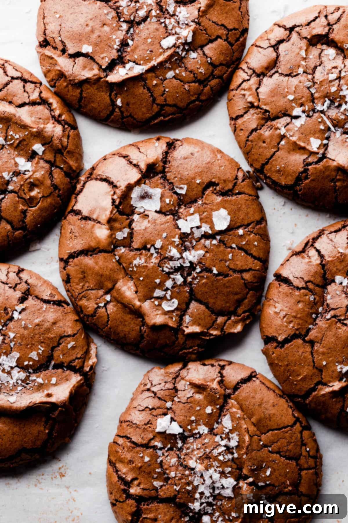 overhead super close up at brownie cookies with crinkled tops and flaked sea salt