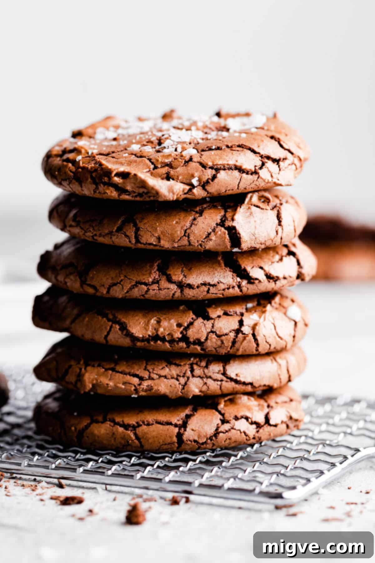 straight ahead angle super close up at a stack of 6 chocolate brownie cookies with flaked sea salt on top