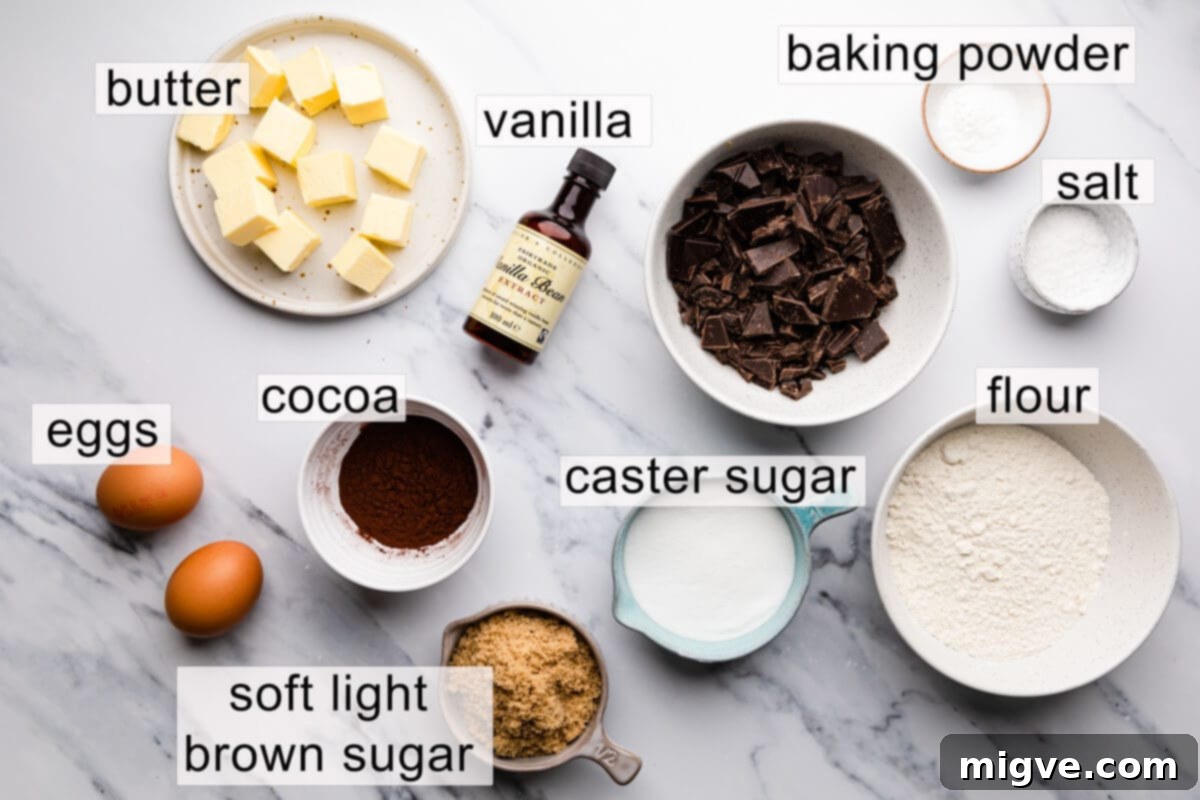 top view of the ingredients for brownie cookies with text labels