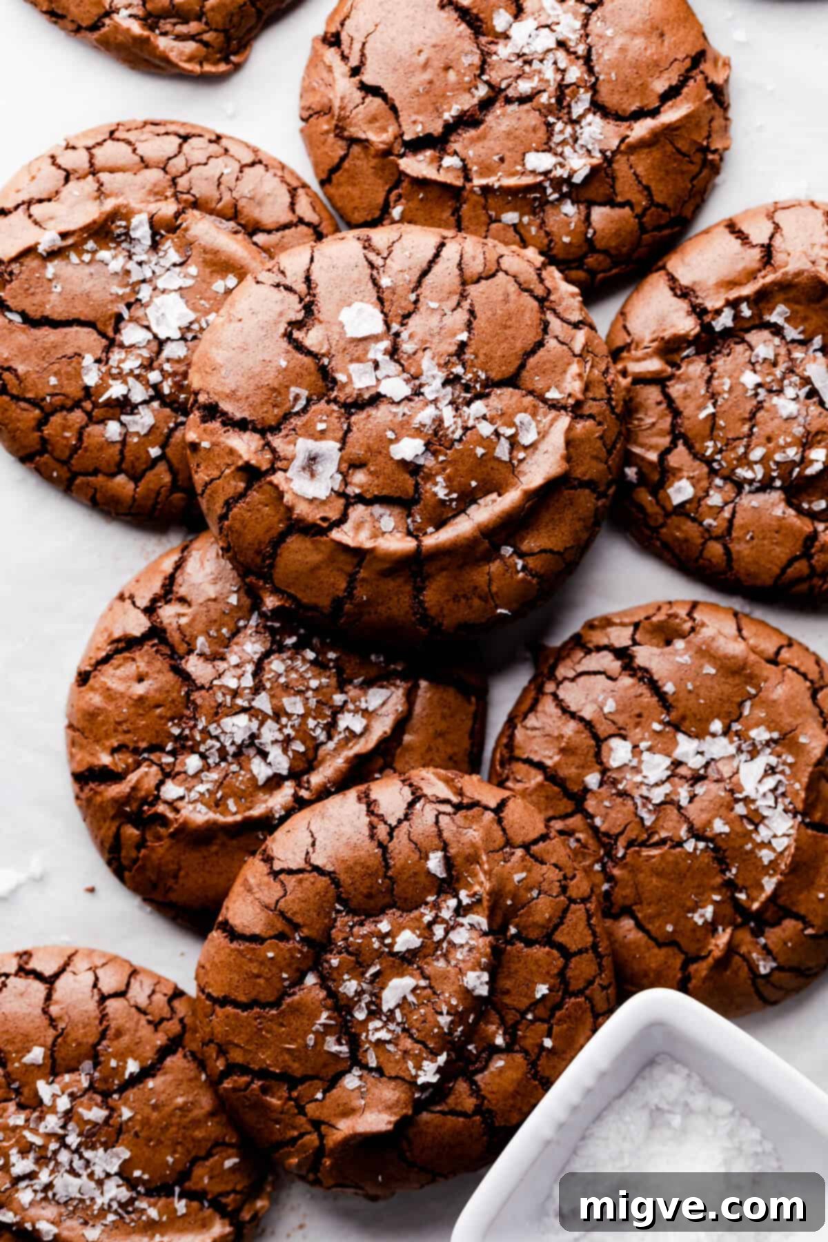 overhead close up at chocolate brownie cookies topped with some flaked sea salt