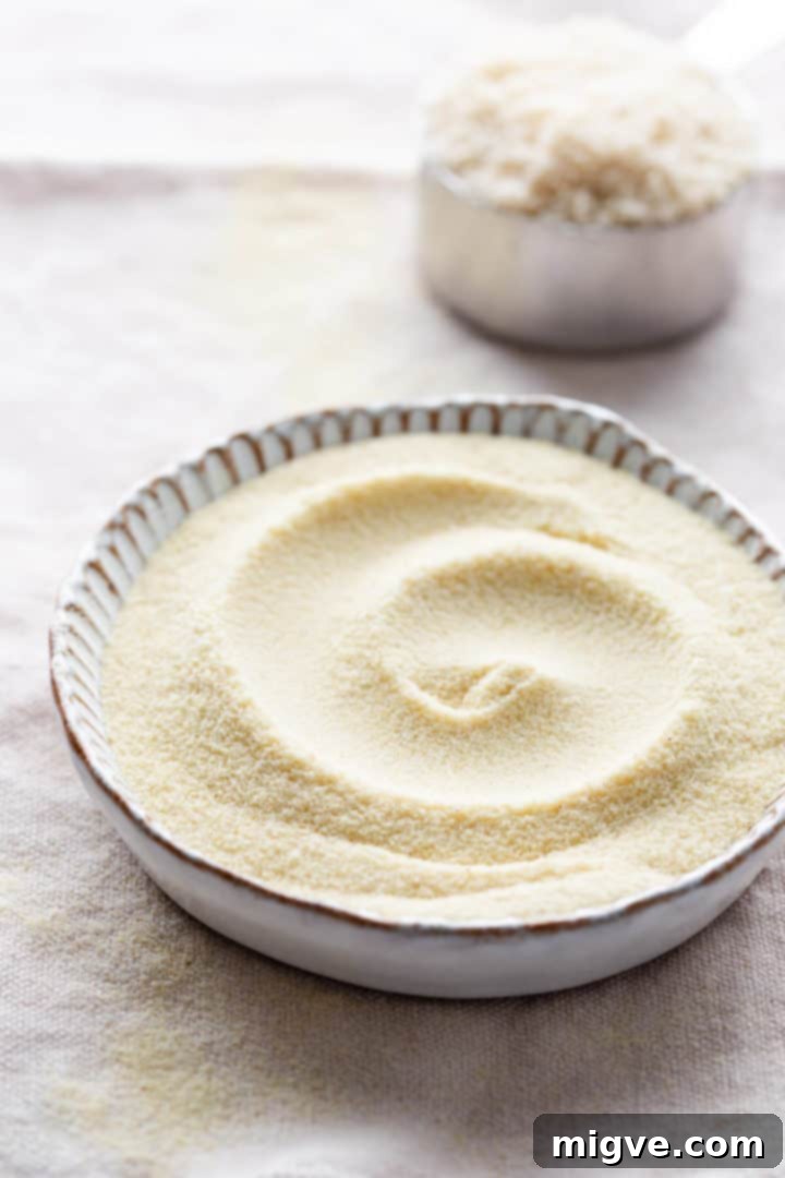 45 degree angle close up of a bowl with fine semolina