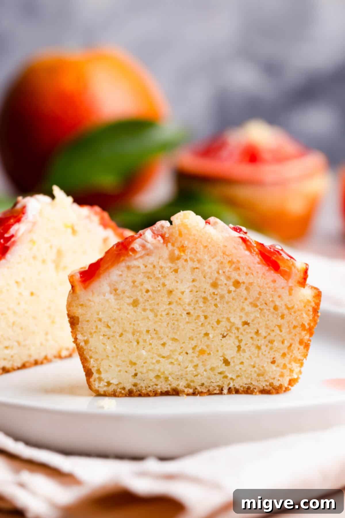 straight ahead super close up at mini cake made with semolina, revealing it's airy texture