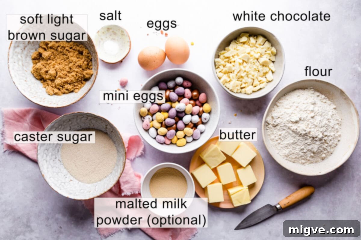 Speckled Spring Blondies 3 Top-down view of all the raw ingredients for mini egg blondies laid out on a surface.