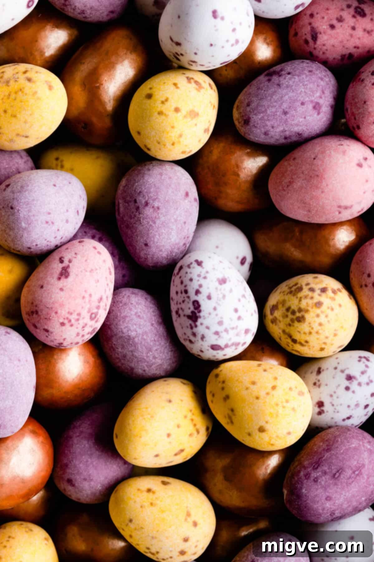 Speckled Spring Blondies 4 Close-up top view photo of colorful mini chocolate eggs, highlighting their vibrant colors.