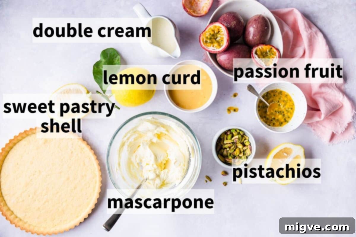 ingredients for lemon mascarpone tart with text labels.