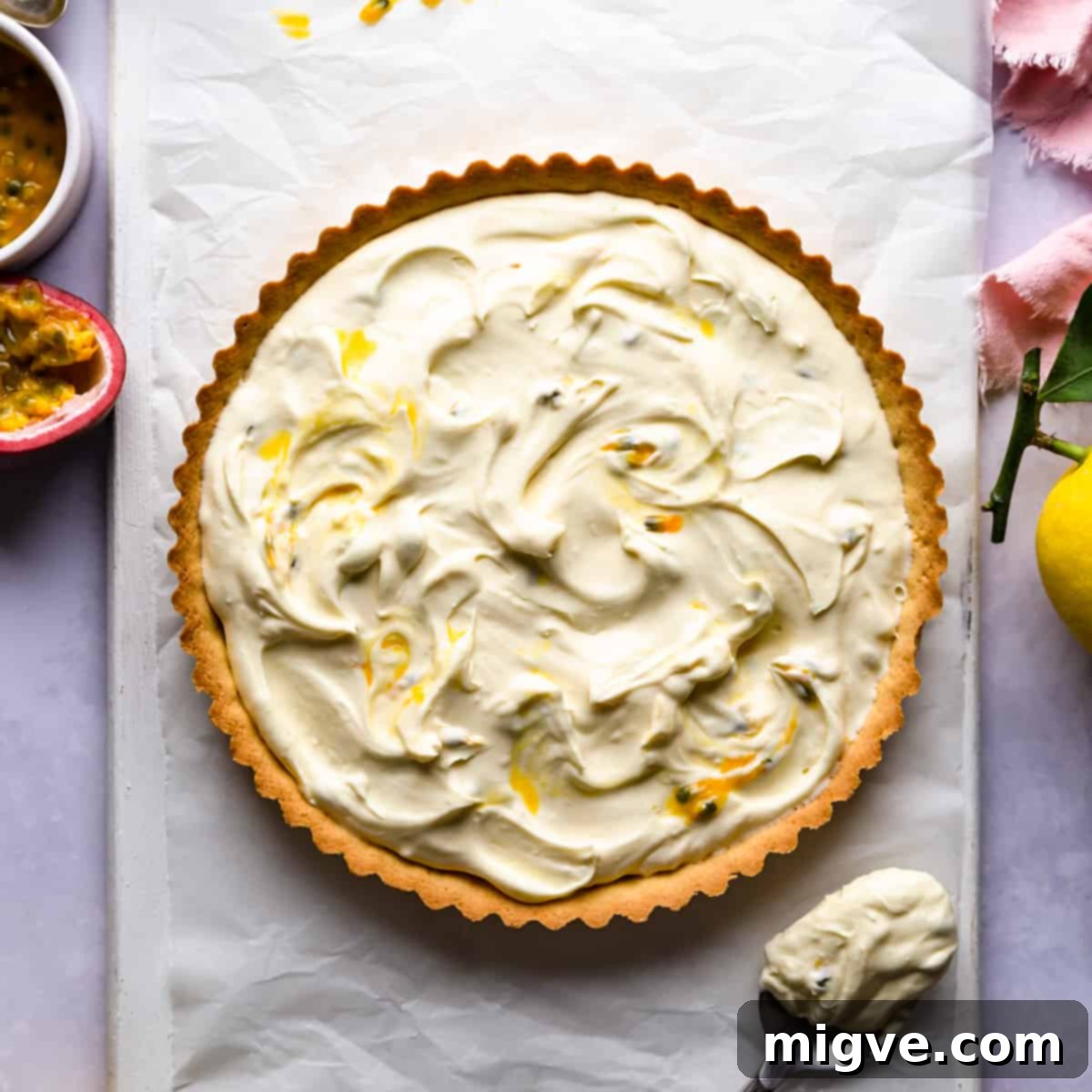 sweet tart shell filled with mascarpone cheese mixed with some passion fruit.