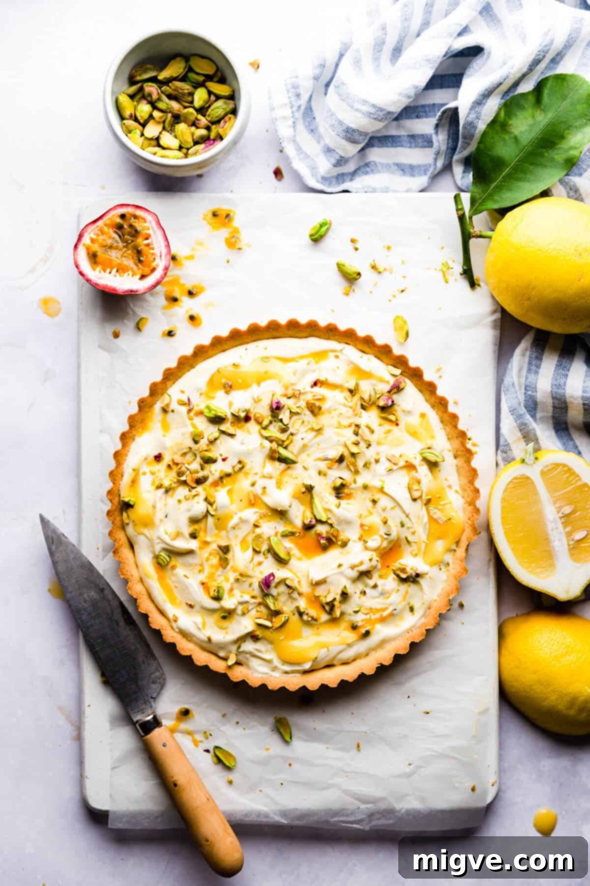 top view photo of tart with mascarpone and citrus curd