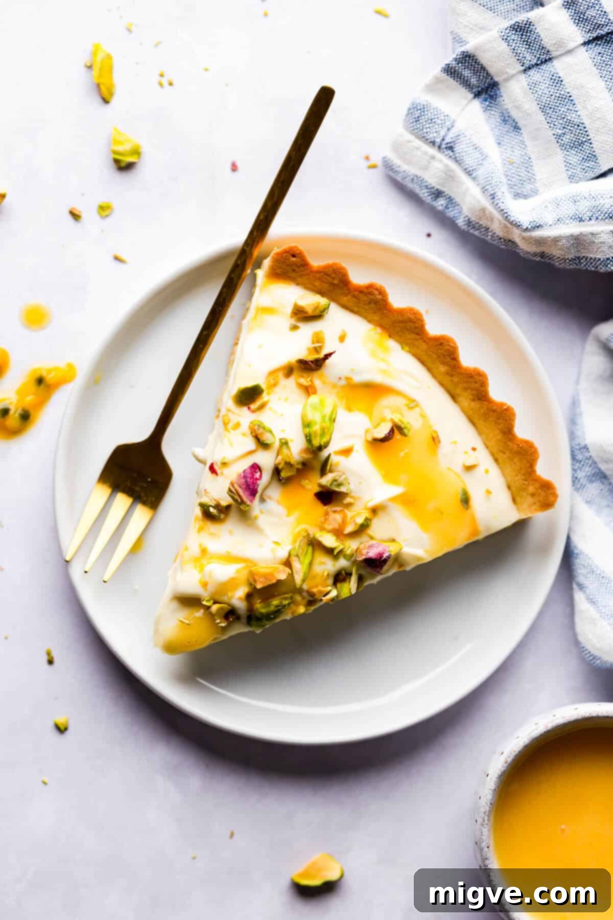 top view photo of a slice of tart on a plate