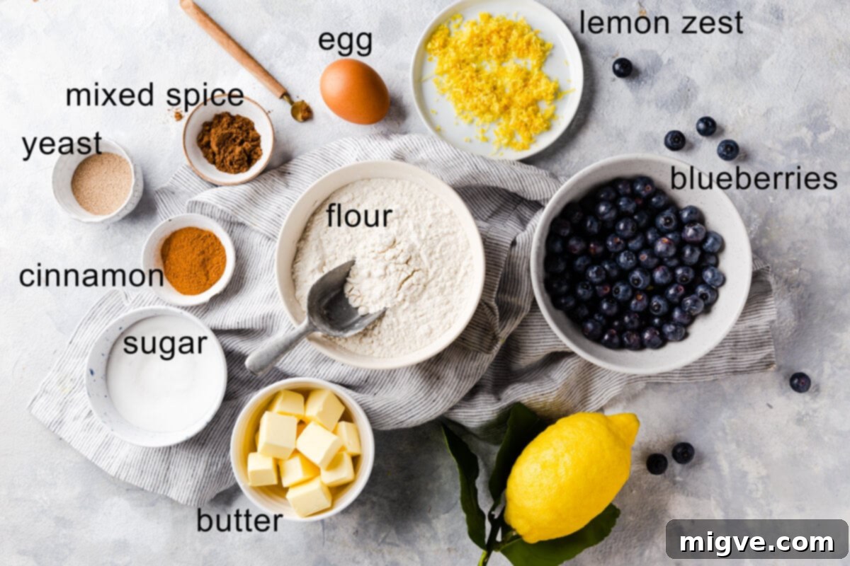 Luscious Blueberry Hot Cross Buns 3 top view of the ingredients for blueberry hot cross buns with text labels