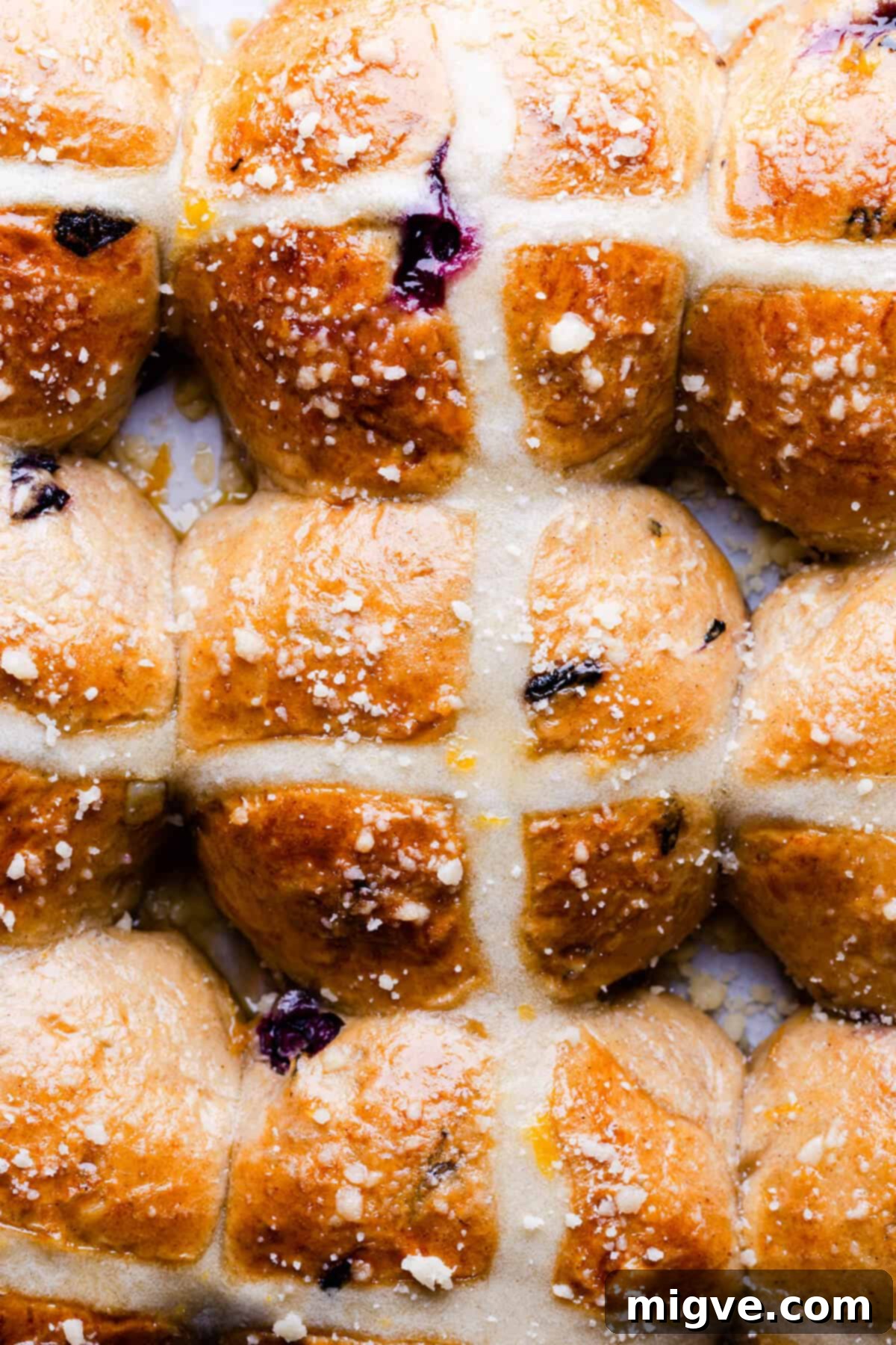 Luscious Blueberry Hot Cross Buns 4 top view close up of buns with blueberries and cross pattern