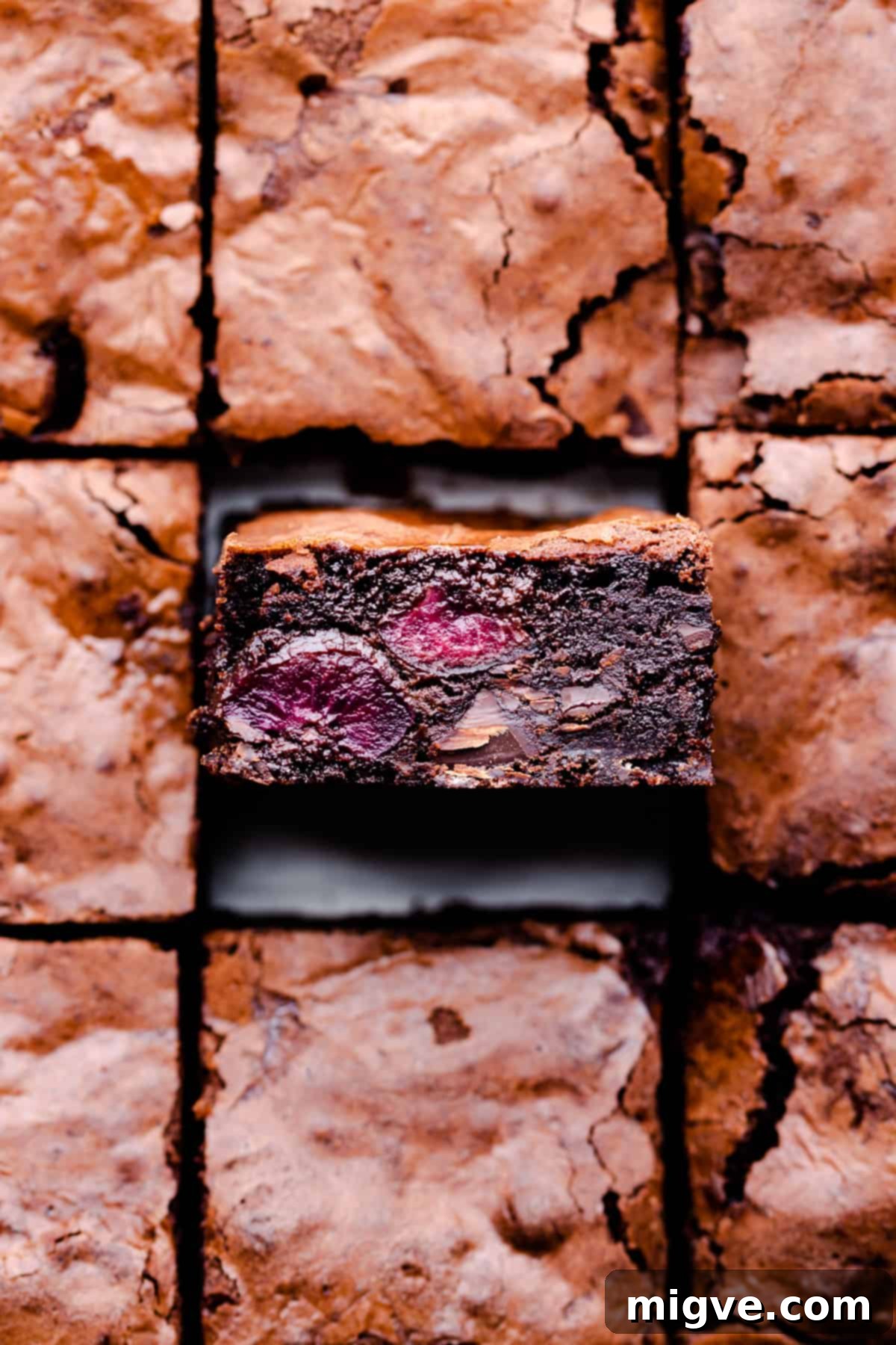 top view super close up at chocolate cherry brownie