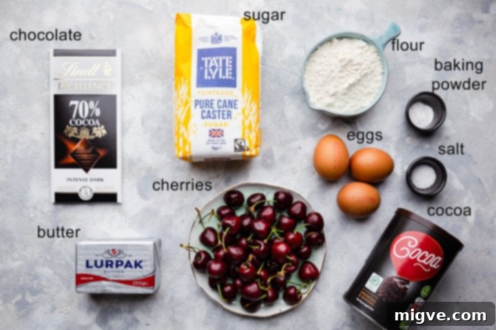 top view of ingredients for cherry brownies