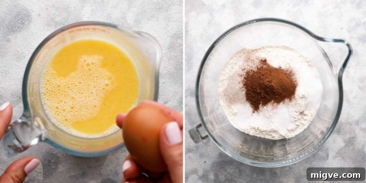 A series of three photos depicting the first step of making hot cross buns: melting butter in milk, cooling the mixture, and whisking in an egg.