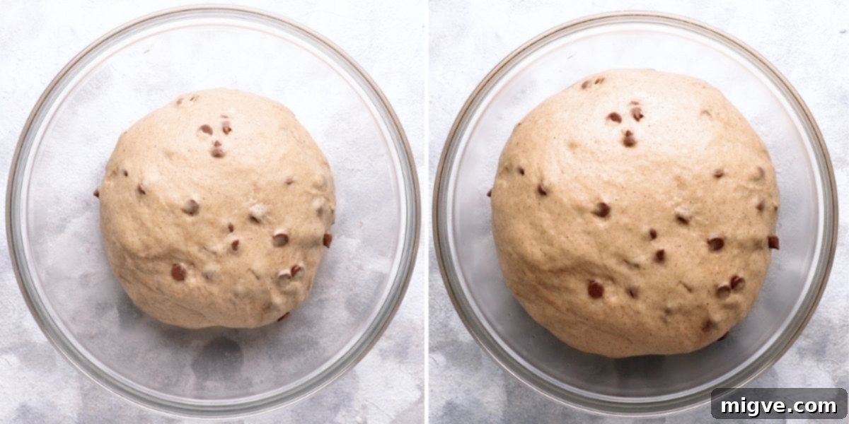 A series of photos showing the dough for hot cross buns rising in a bowl, demonstrating the doubling in size during the proving process.