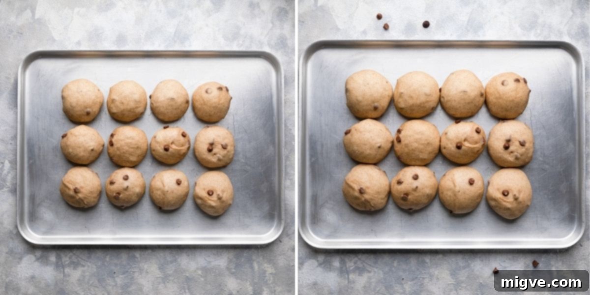 A series of photos illustrating the process of shaping chocolate chip hot cross buns, placing them on a baking tray, and their final prove before baking.