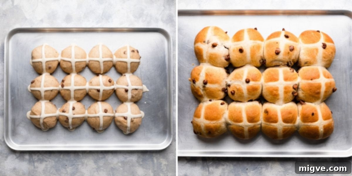 A series of photos showing hot cross buns with piped crosses, baking in the oven, and being brushed with a shiny apricot glaze after baking.
