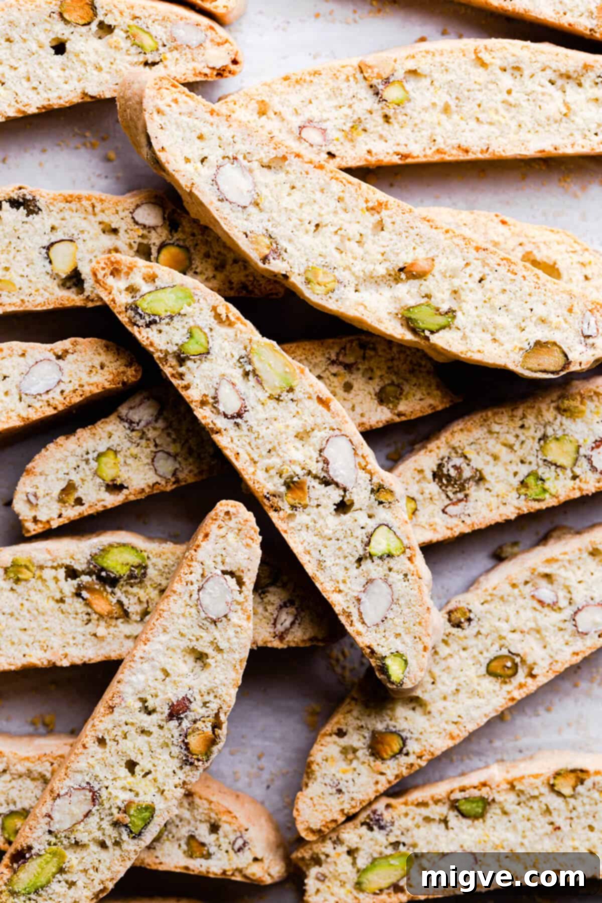 top view close up at lemon pistachio biscotti slices