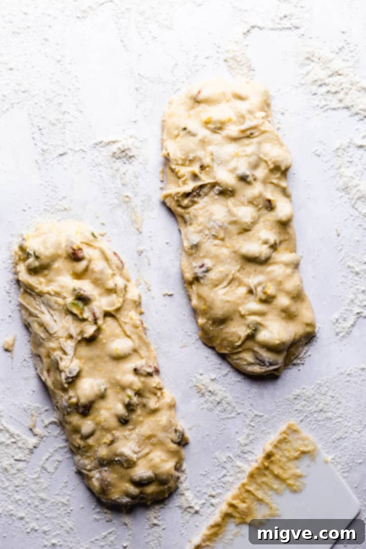 two logs of biscotti dough on a floured surface