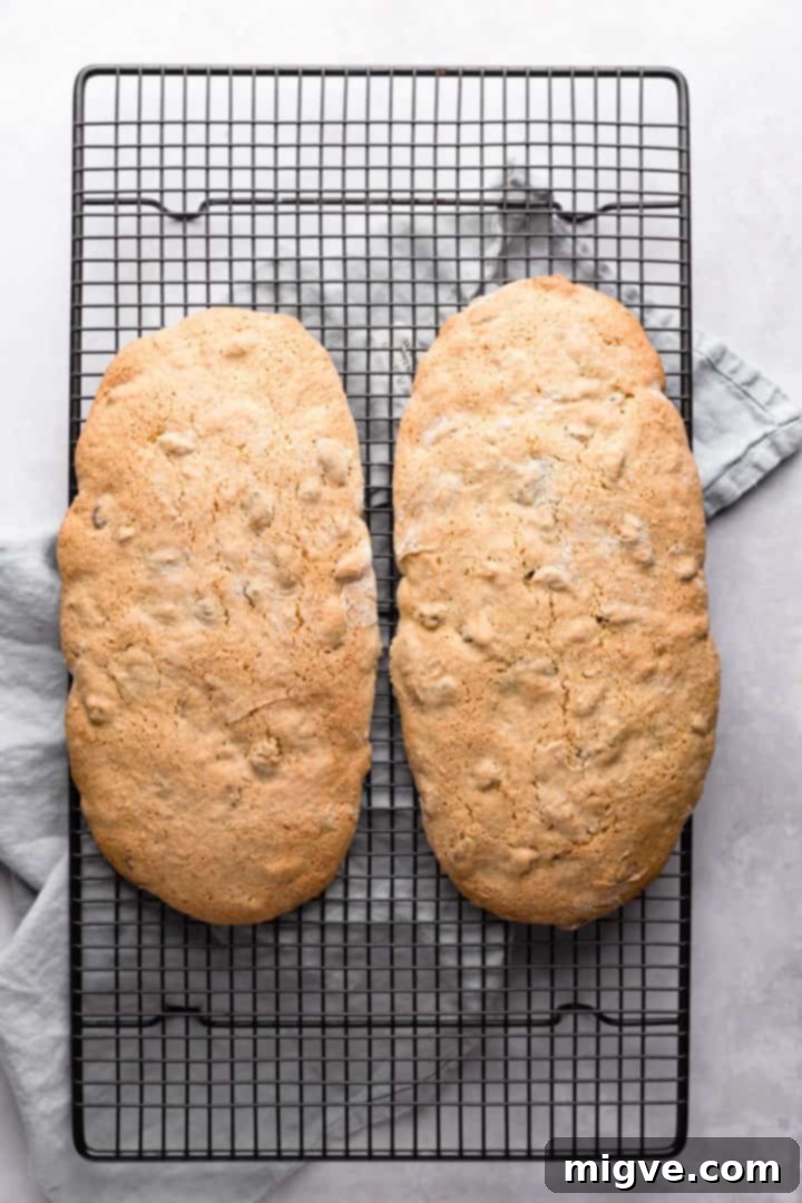 top view of baked biscotti dough on a wire rack