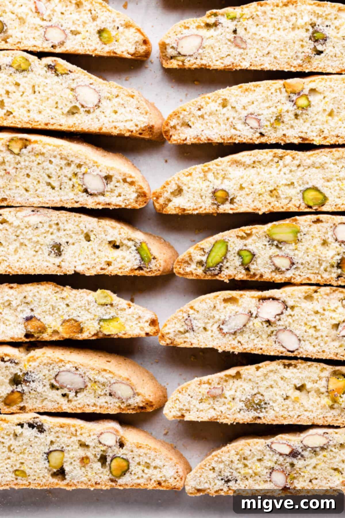 overhead close up at baked lemon and pistachio biscotti
