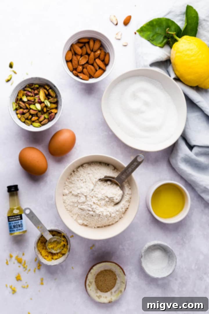 top view of ingredients for lemon pistachio biscotti