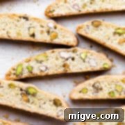 overhead shot of slices of lemon pistachio biscotti