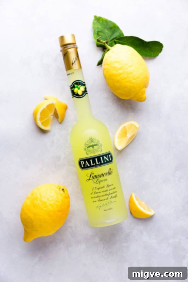 overhead view of a bottle of limoncello