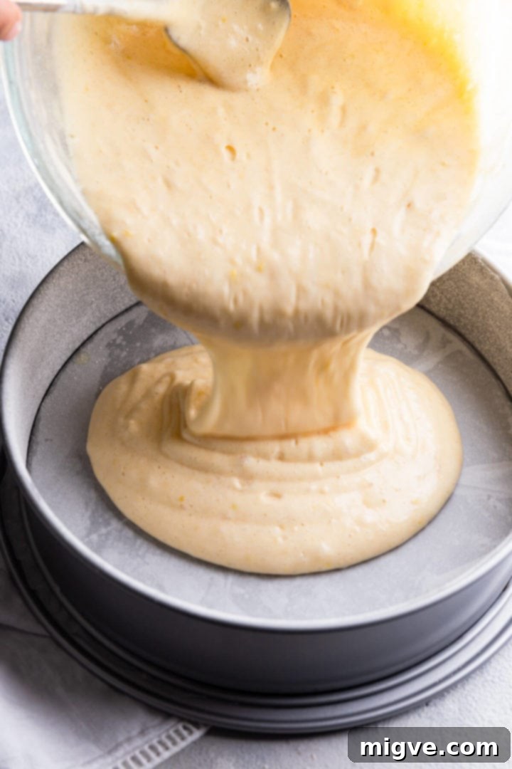side view of a cake batter being poured into baking tin