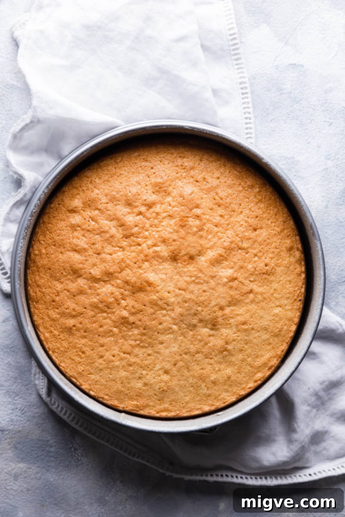 overhead shot of genoise sponge in a baking tin
