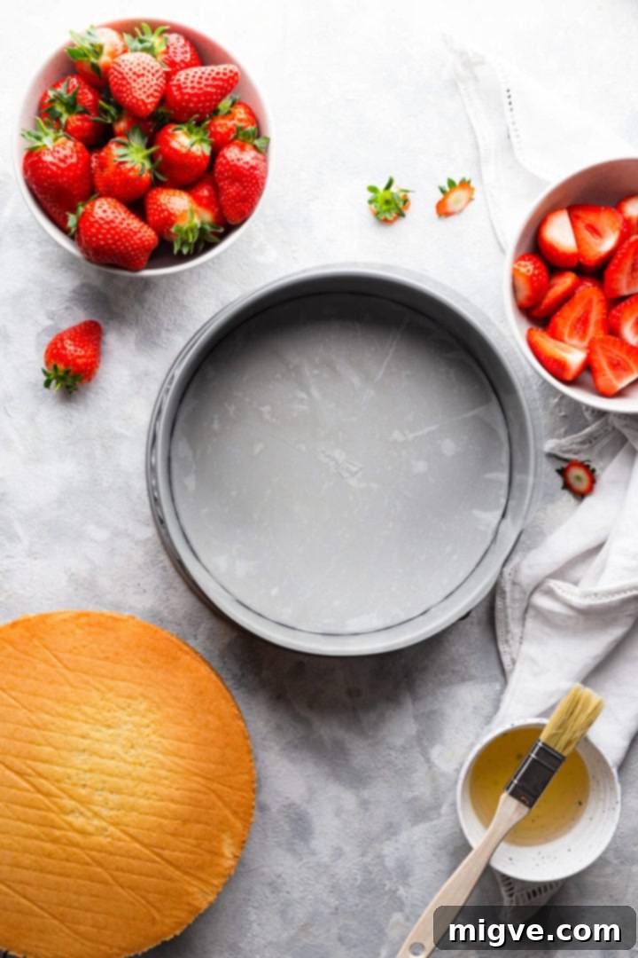 top view of round baking tin lined with baking paper and acetate strip