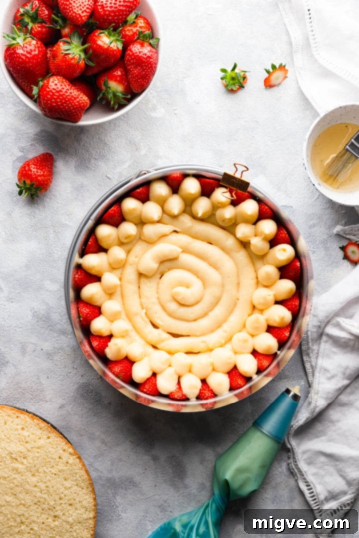 top view of the filling piped on top of the sponge cake