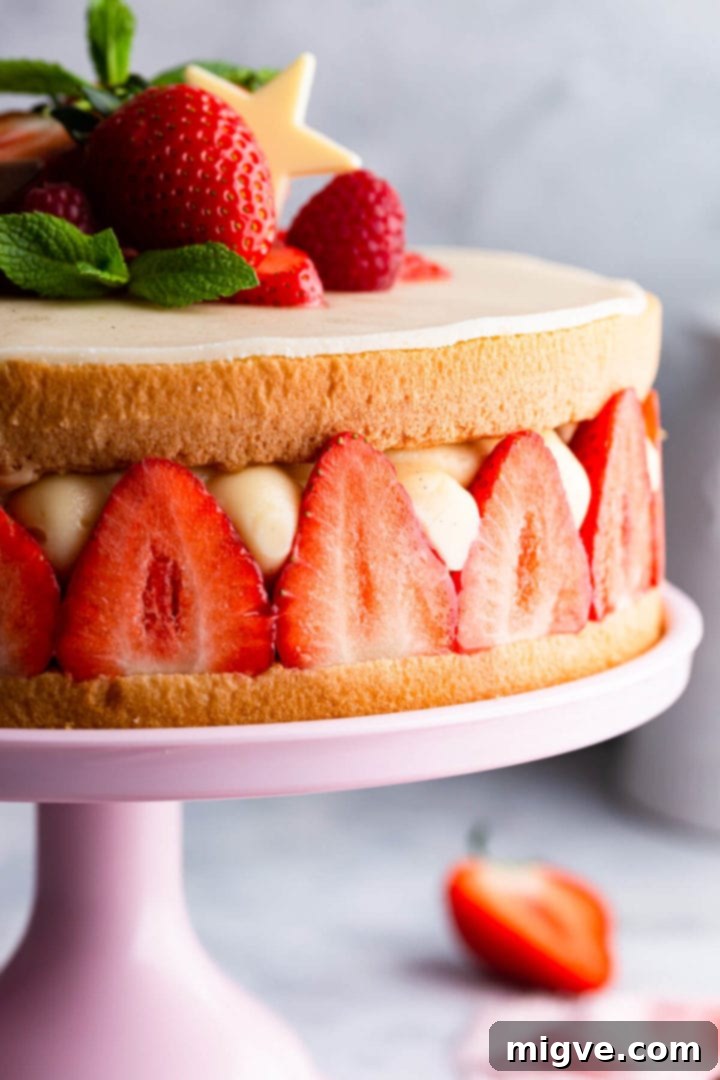 side super close up of cake with strawberries and creamy filling