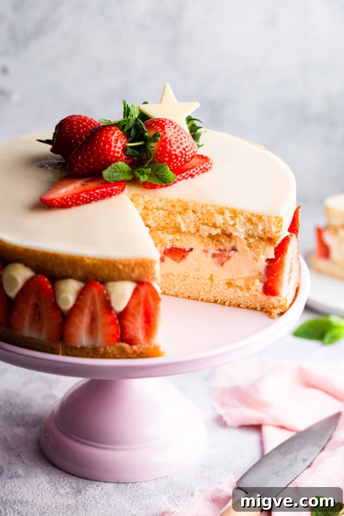 45 degree angle close up of fraisier cake with slice cut out