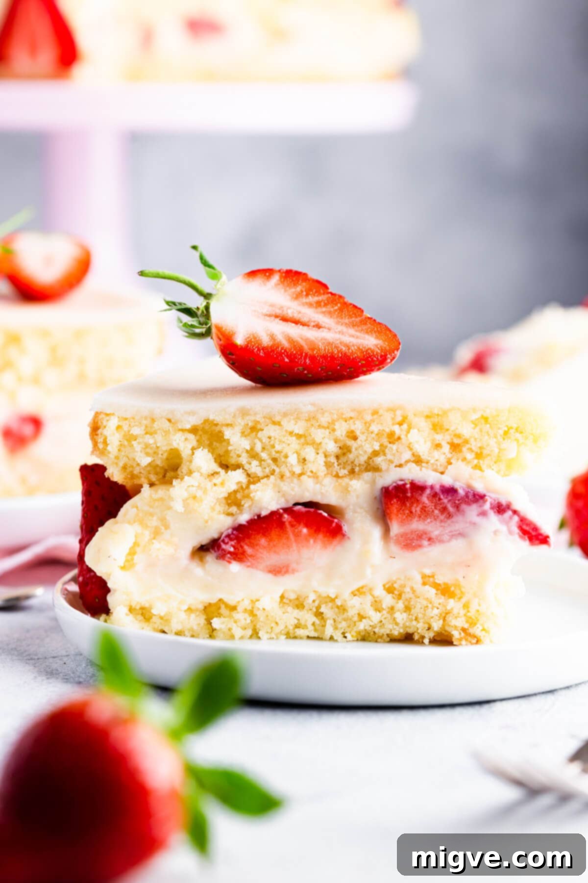 side super close up at a slice of fraisier cake on a small plate