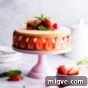 side angle close up of a strawberry cake on a pink cake stand