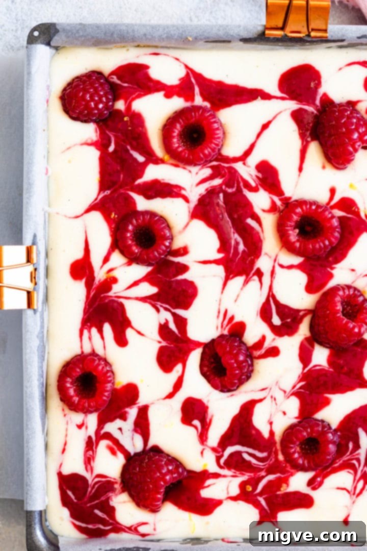 Lemon Raspberry Cheesecake Delights 5 Top down super close up of a raspberry lemon cheesecake batter with swirls of vibrant red coulis