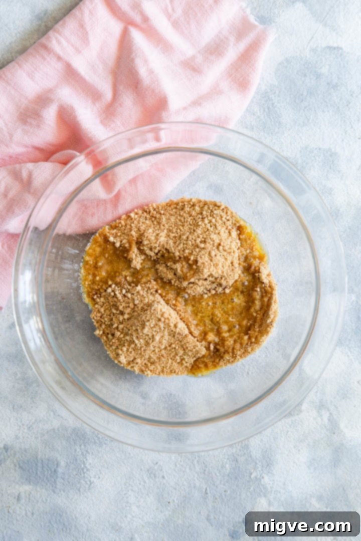 Lemon Raspberry Cheesecake Delights 6 Overhead shot of a bowl with biscuit crumbs and melted butter, ready for mixing