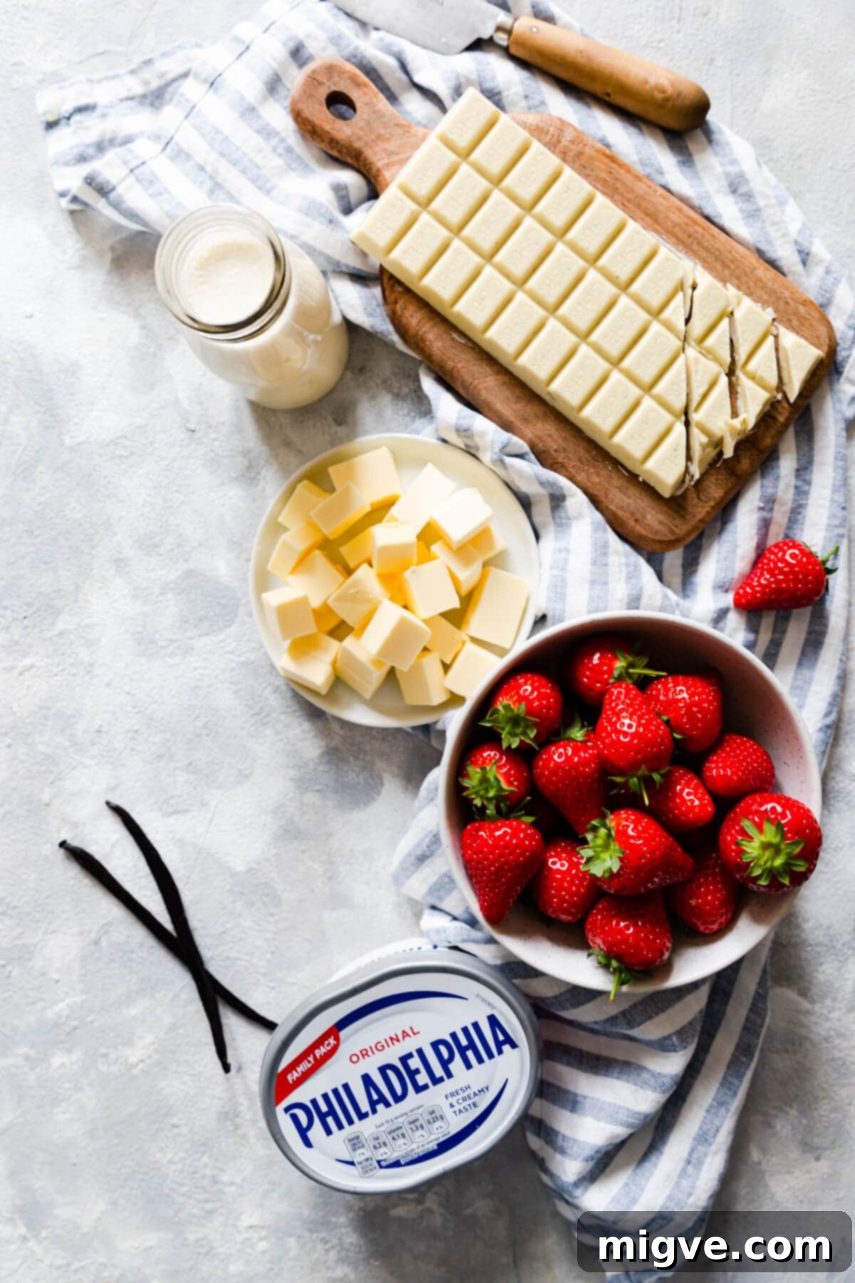 Velvet Strawberry White Chocolate Cheesecake 3 top view of he ingredients for the strawberry white chocolate cheesecake