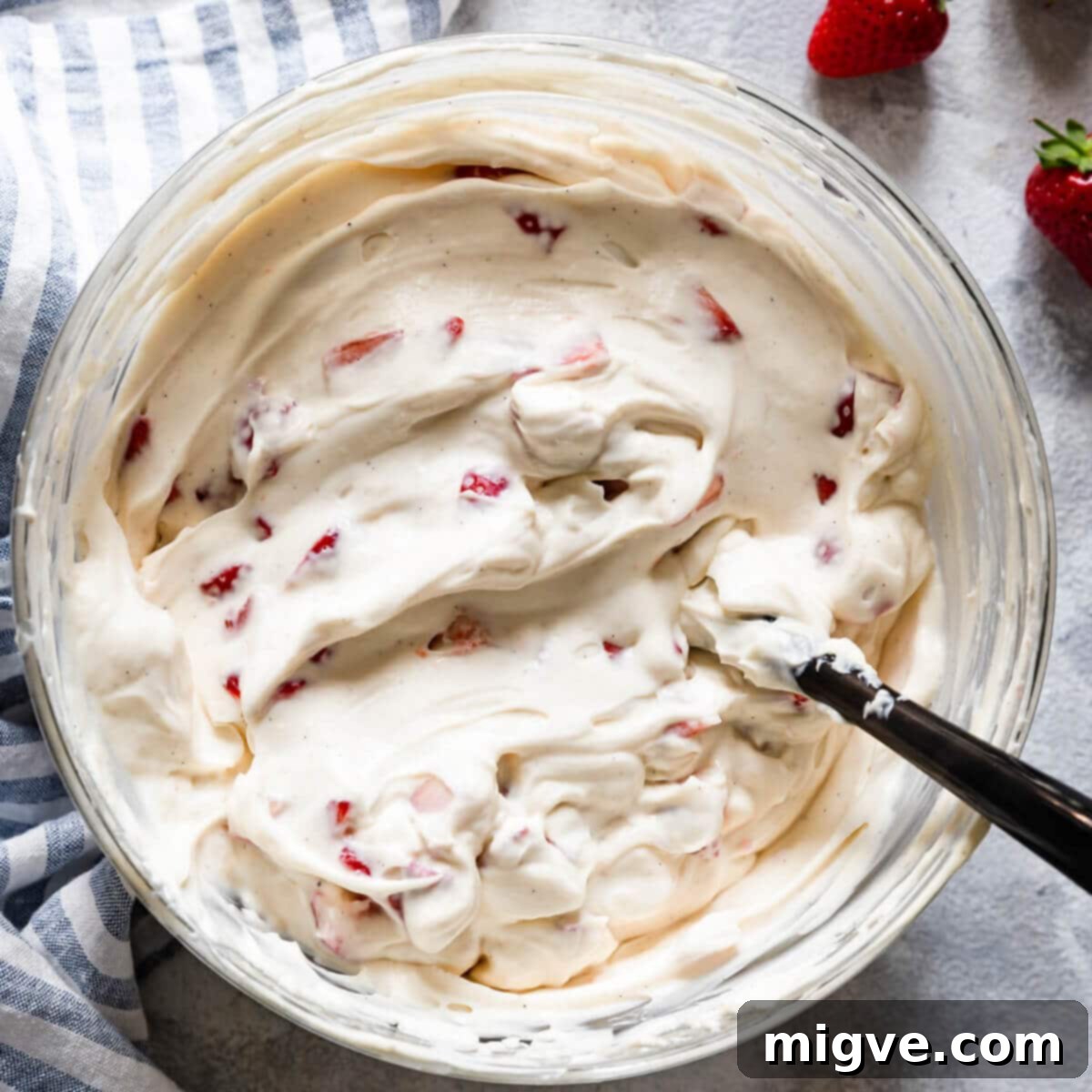 Velvet Strawberry White Chocolate Cheesecake 10 overhead shot of a bowl with cheesecake filling