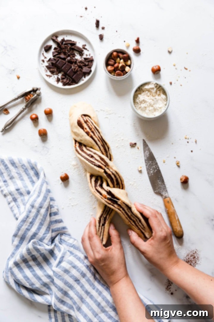 Top-down view of a person meticulously twisting strands of babka dough, revealing the intricate layers of chocolate and hazelnuts.