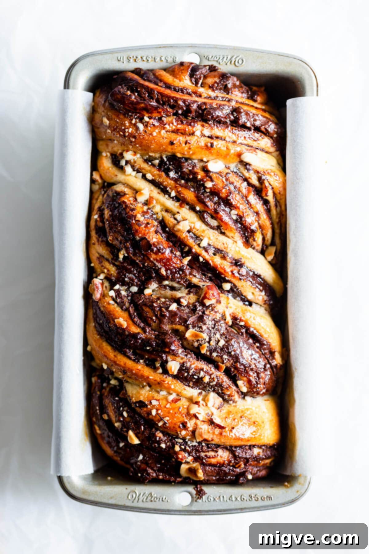 A close-up, overhead view of a freshly baked Nutella babka in its loaf tin, showcasing its golden crust and delicious swirls.