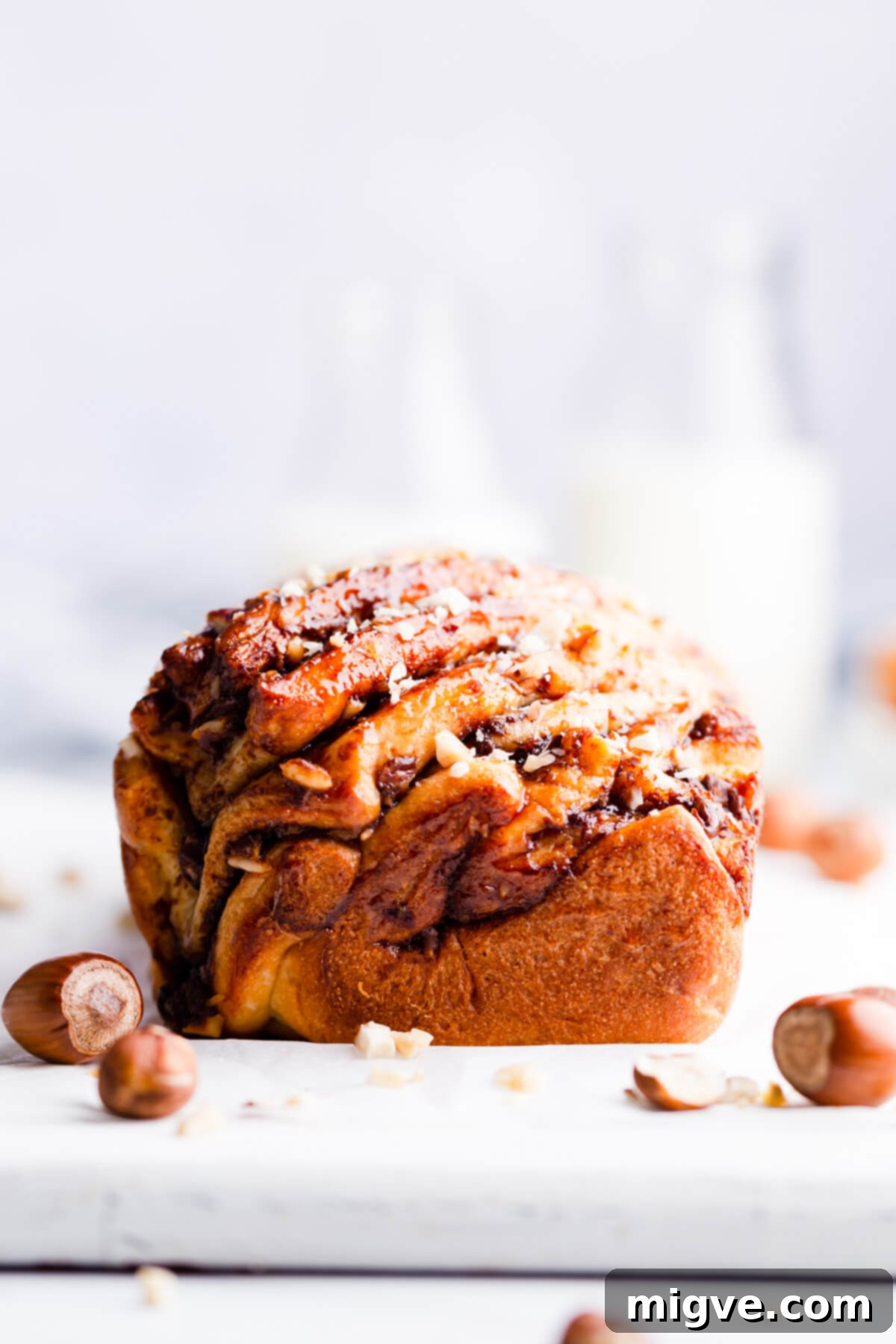 A straight-ahead, super close-up view of a perfectly baked babka, highlighting its golden crust and rich, chocolate-filled swirls.