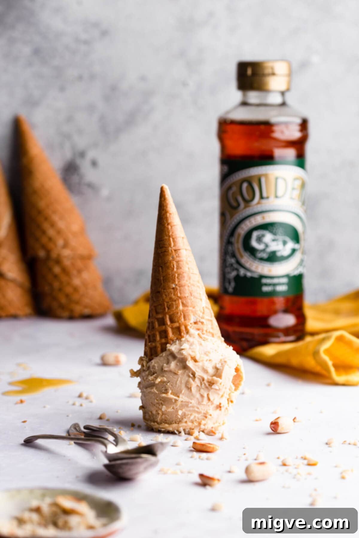 side close up at an upside down peanut butter ice cream cone